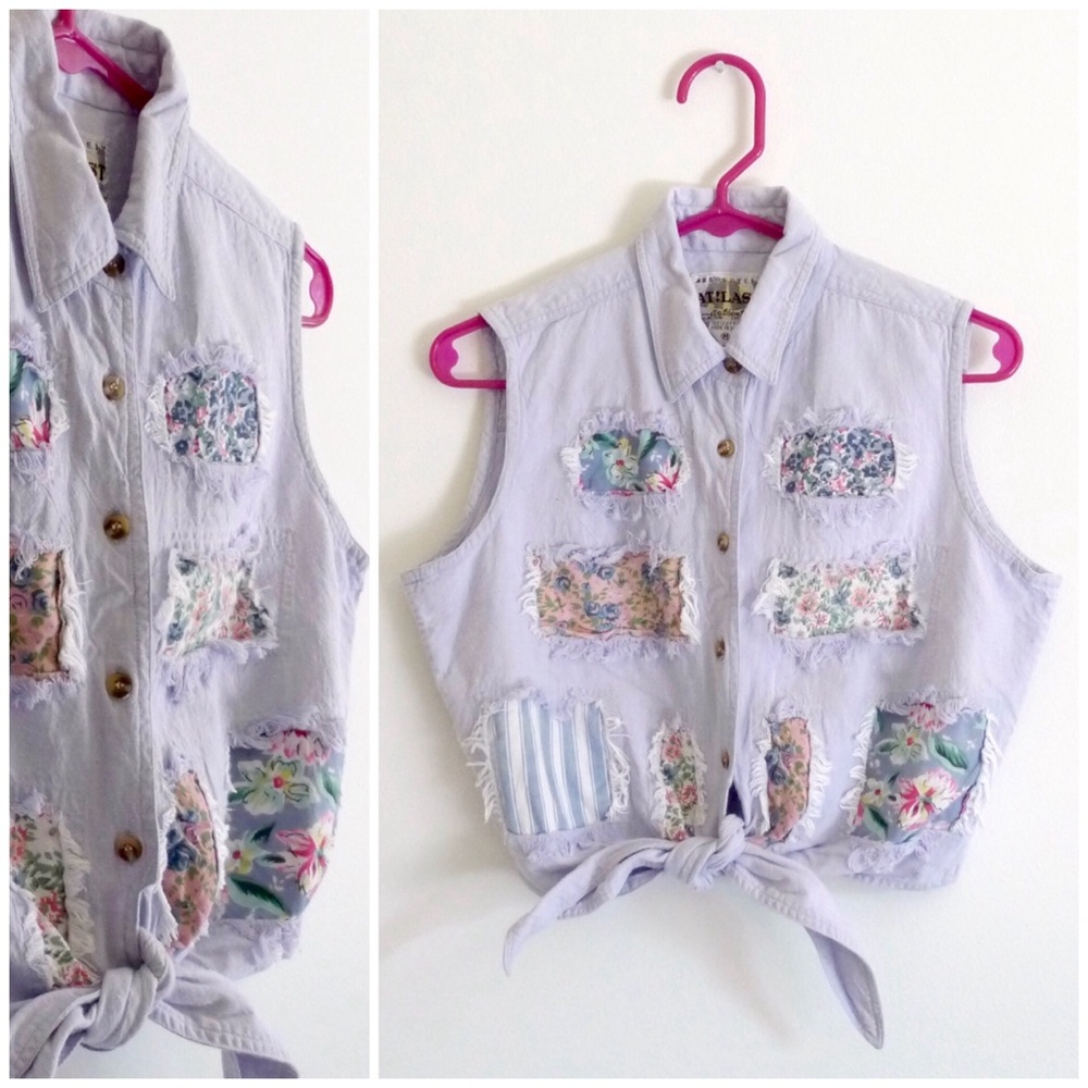 Cute 90s Tie Front Flowers Patchwork Shirt S/M